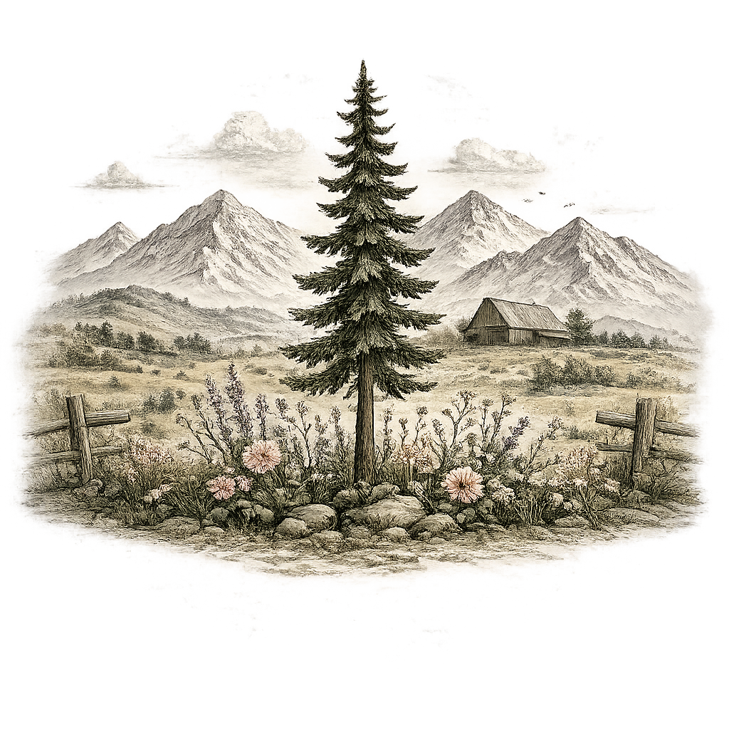 Hand-illustrated evergreen pine, North Idaho mountains, wildflowers and dahlias — the Rooted Design Company brand mark